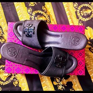 Perfect Black Lowell Wedge Slide/Tumbled leather Tory Burch